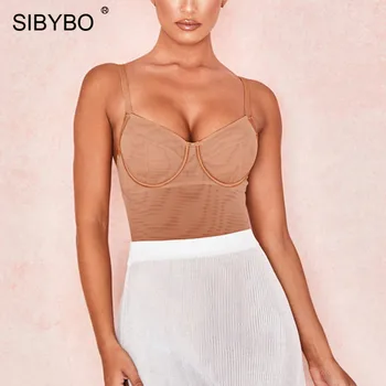 

SIBYBO Hollow Out Mesh Sexy Bodysuit Women Spaghetti Strap V-Neck Skinny Women Rompers Solid Backless Ladies Bodysuits Top