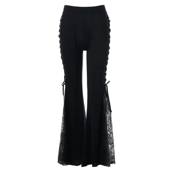 

Women Lace Flare Pants Lace Up Patchwork Gothic Slim Trousers Bandage Side See Through Club Casual Pantalones Bell Bottoms Pants