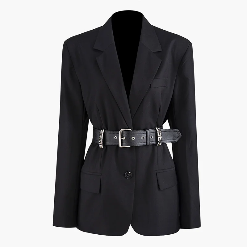 Европейское высокое качество офисные женские блейзеры зазубренный воротник роскошные заклепки ремень пальто Женская осенне-зимняя верхняя одежда куртки - Цвет: Черный