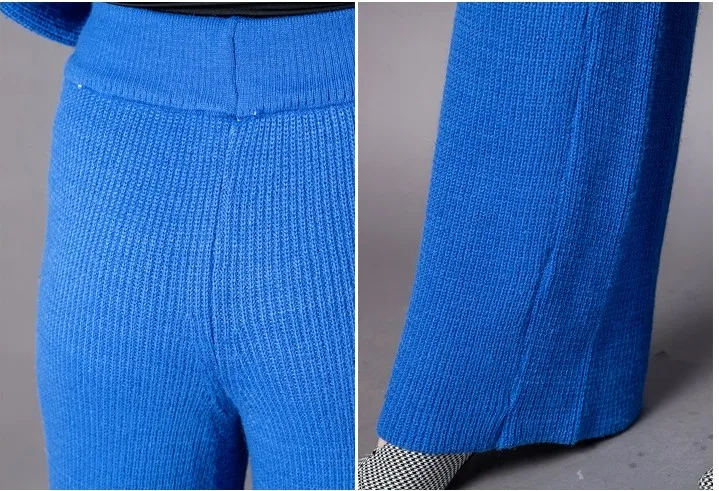Зимний женский вязаный комплект из двух предметов, топ и брюки, кашемировая шерсть, свободный свитер-водолазка+ широкие брюки, комплект из 2 предметов