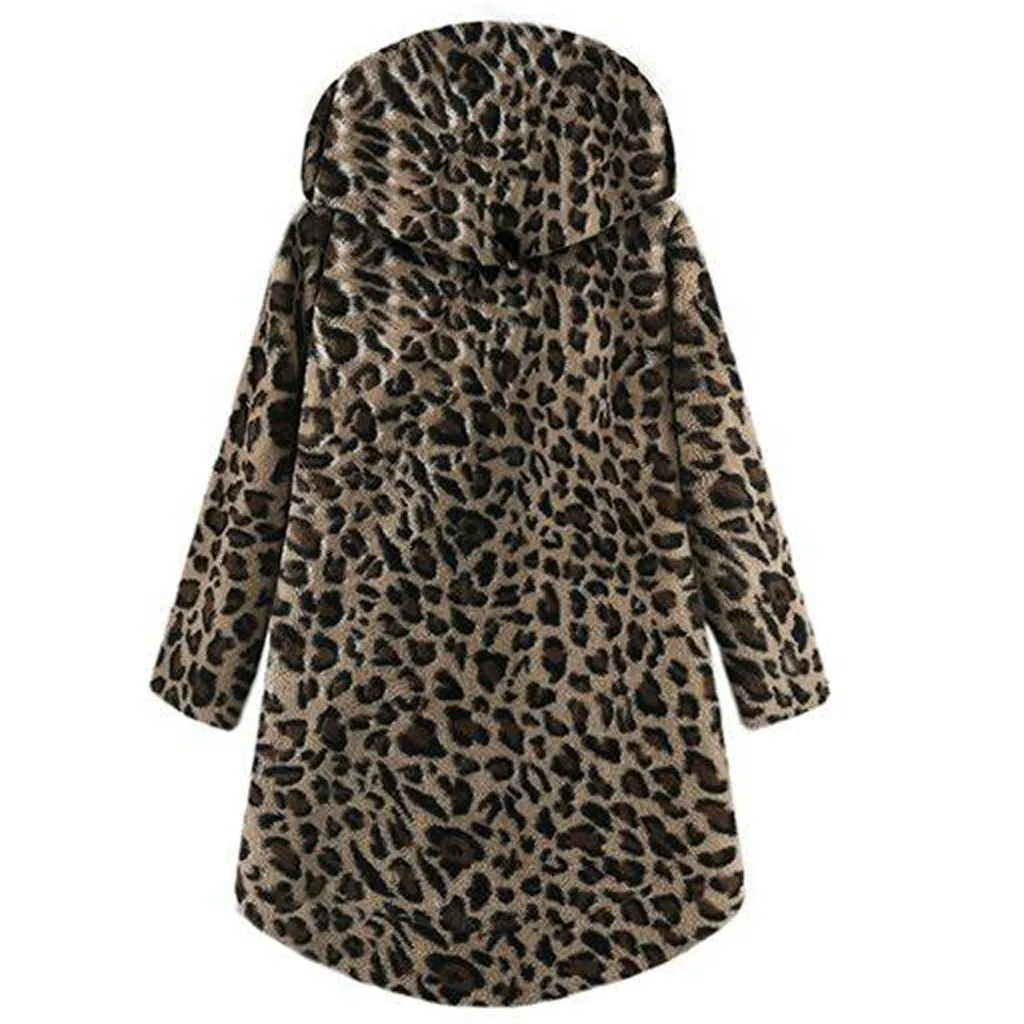 Зимнее модное женское пальто из искусственного меха длинная леопардовая куртка ветровка женская с капюшоном с длинным рукавом большой размер Свободная верхняя одежда 1123