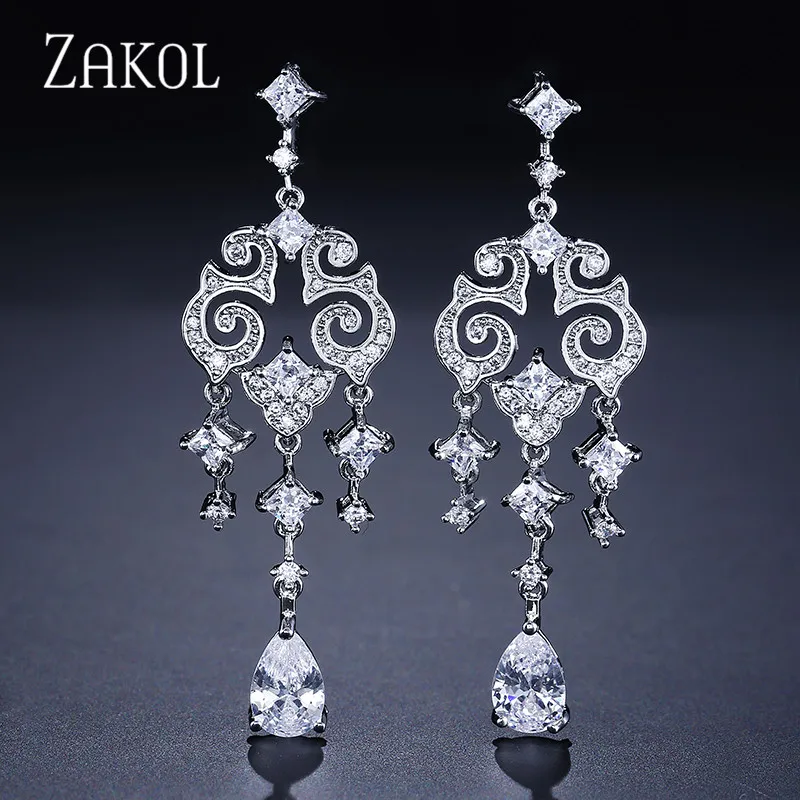 Женские серьги подвески ZAKOL длинные из кубического циркония для свадебного обеда