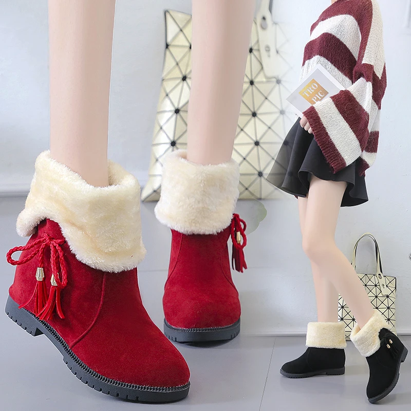 Botas de nieve cálidas para mujer, zapatos planos de piel falsa, botines  rojos a la moda, suela antideslizante, Invierno|Botas de nieve| - AliExpress