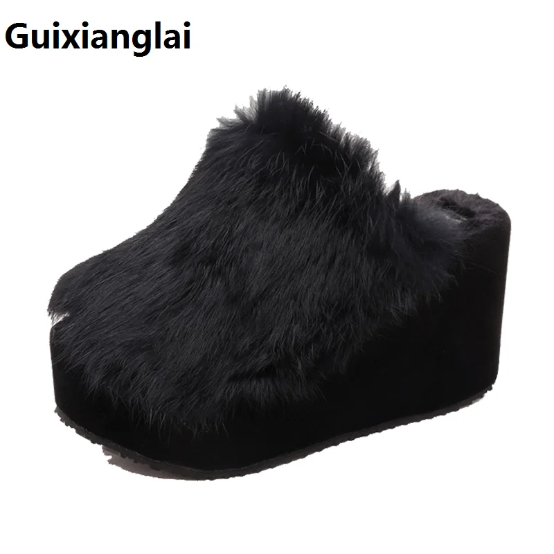 

High heel slippers 2019 autumn and winter new female hair slippers women thick bottom slope and muffin outside wearing autumn