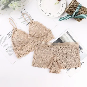 

Sexy Lace Bra Set Push Up Bra Padded Deep V Gather Bra See-through Bra Brief Set Lingerie Feme