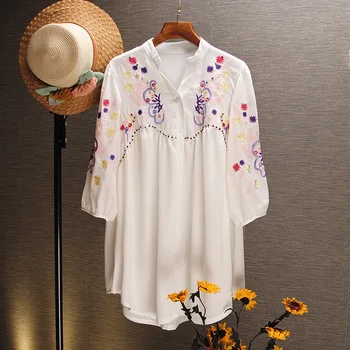 

2020 New Spring and Summer Fashion Shirts Women Chinese Style Embroidery Ladies Blouses and Tops Wild Cotton Women Clothing