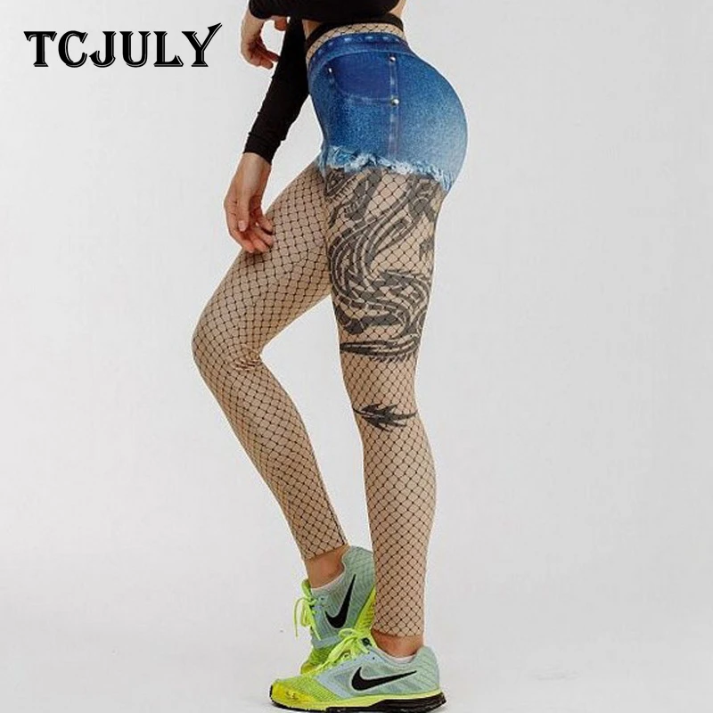 

TCJULY New Arrival Fashion Jeans Leggings High Waisted Push Up Workout Pants Breathable Quick Dry Stretchy Flex Fitness Leggins