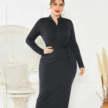 

Plus Size Women Stand Collar Zipper Slim Knitted Dress Ladies Plain Color Belt Temperament Dress Autumn Winter 2020 Robe Femme