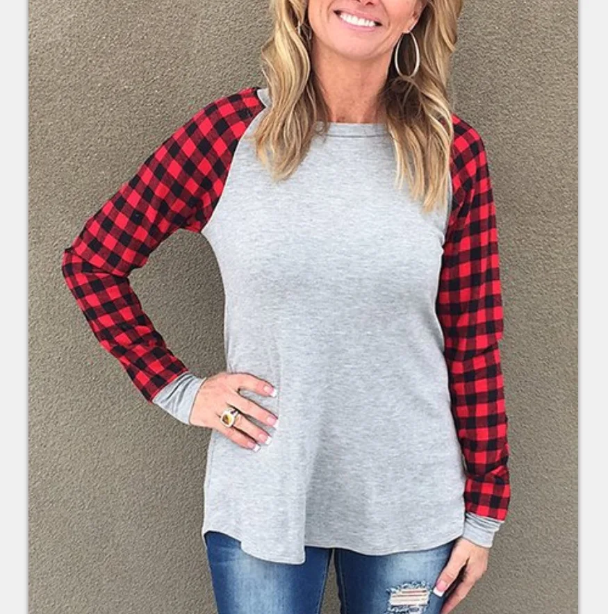 spring and summer Europe and the United States Metsini casual women's gray plaid sleeves fitted with T-shirts