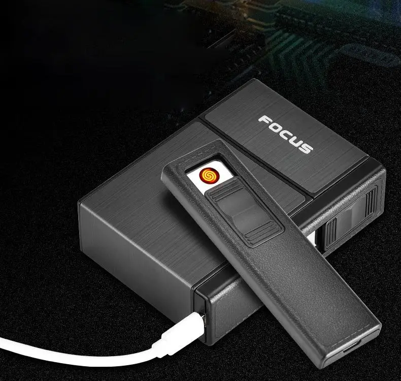 Пластиковый и алюминиевый чехол для сигарет с зажигалкой для деловых мужчин, съемная usb зарядка, зажигалка может вместить 20 сигарет