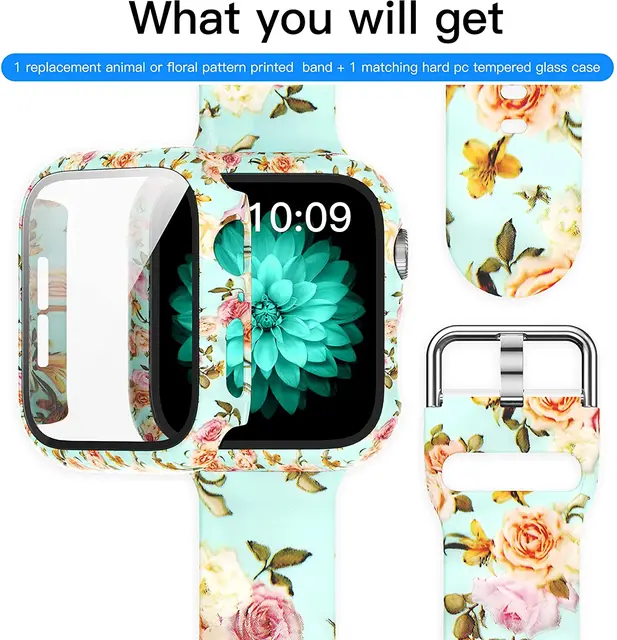 Silicone Strap+Cover for Apple Watch Bands 44mm 40mm 42mm 38mm Screen Protector, Glass+Silicone Wristband Strap for iwatch 2 in1 Case Band 13