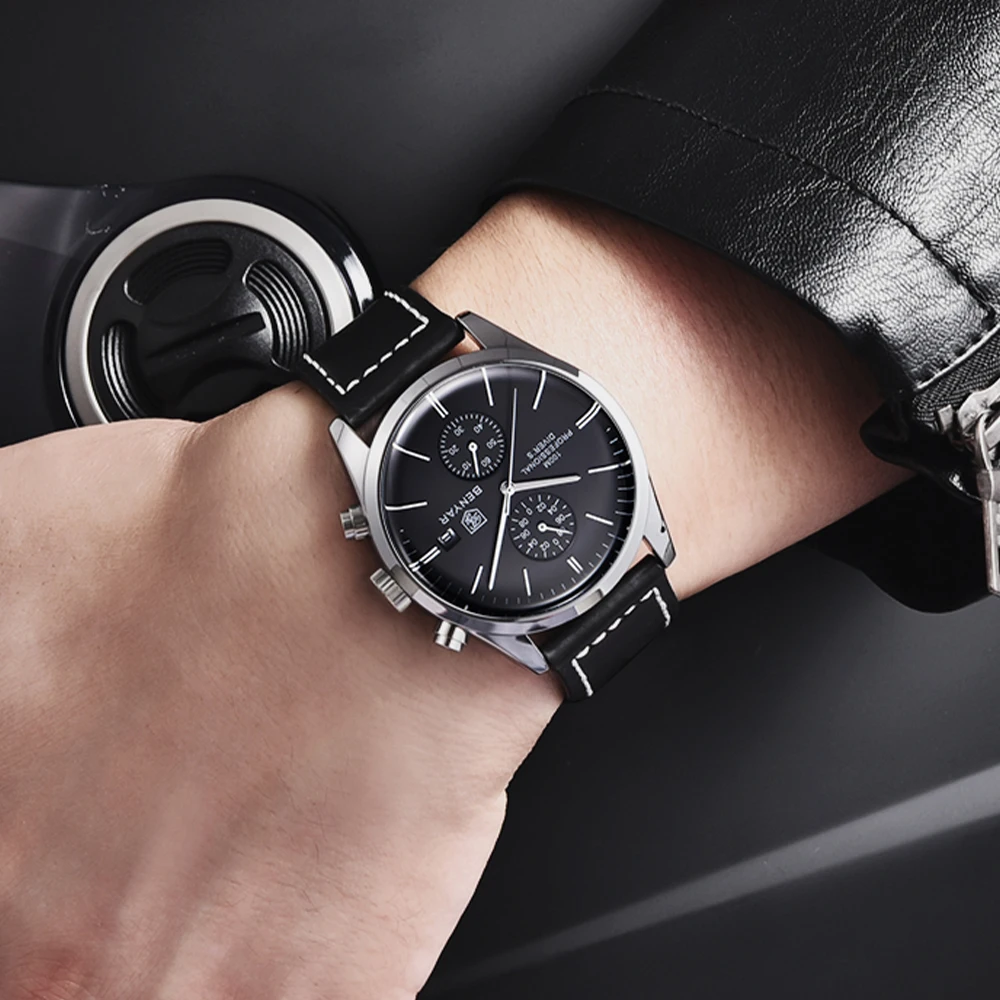 2021 BENYAR New Sports Watch for Men Top Brand Leather Waterproof Chronograph Men Military Men Quartz Wristwatches reloj hombre