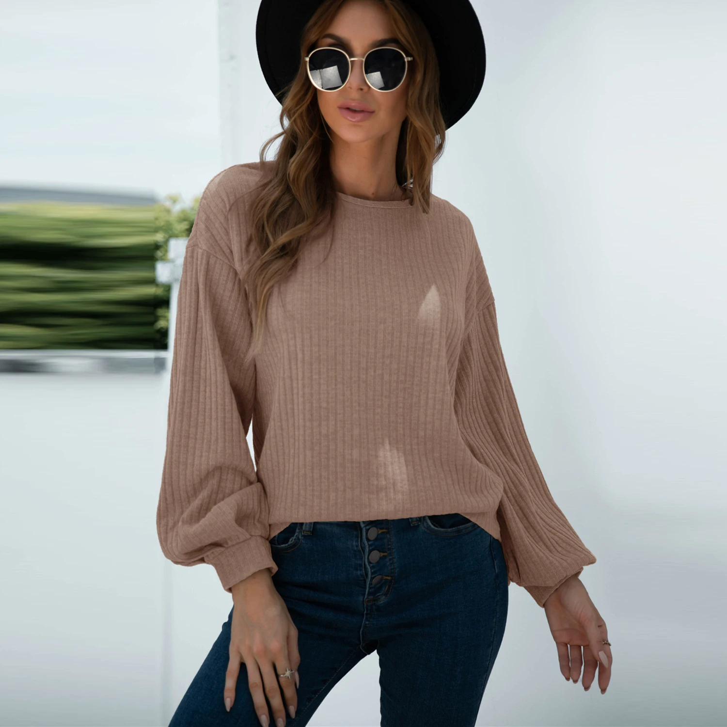 

Женская трикотажная футболка с круглым вырезом и рукавами-фонариками