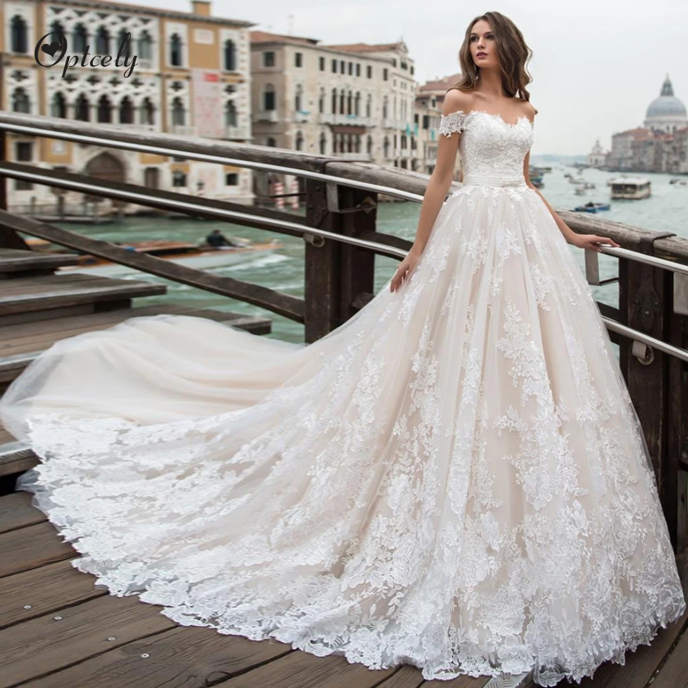 

Optcely Amazing Boat Neck A-Line Backless Button Wedding Dress 2019 Train Appliques Beaded Sweep Train Princess Bridal Hall Gown