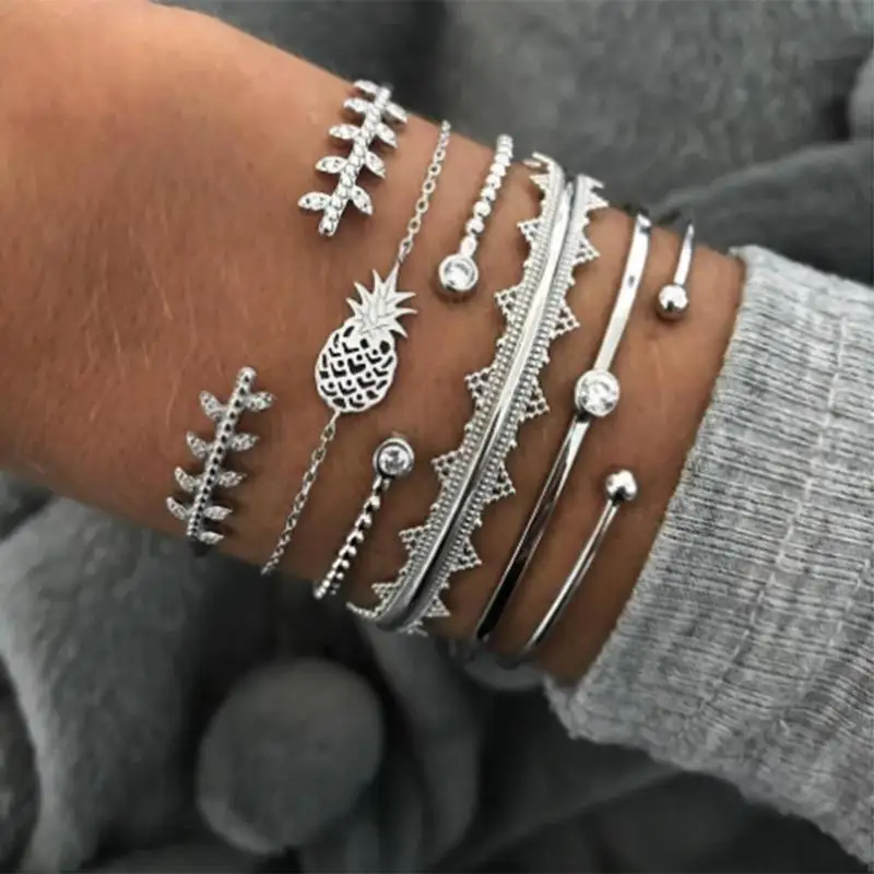 

6pcs Punk Style Bracelet Pineapple Crystal Bangles Women Boho Jewelry Gift for Women Boho Cuff Opening Bangles Jewelry Wholesale