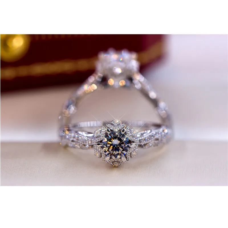 Wedding Rings for Women White Gold Plated Hollow Flower Cubic Zirconia