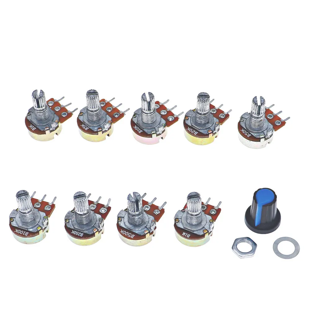 18Pcs 3Pin WH148 Single Potentiometer Kit B1K 5K 10K 20K 50K 100K 500K 1M with knobs Single potentiometer set Shaft Nuts
