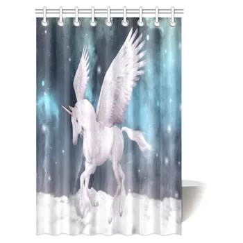 

Girls and Kids Decor Shower Curtain Set, White Unicorn Animal Horse Over The Clouds in The Sky Fabric Bathroom Shower Curtain