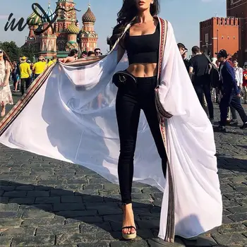 

In-X Sexy embroidery long beach dress women Summer kimono Long sleeve sarong cover up swimsuit female Kaftan Tunic Robe De Plage