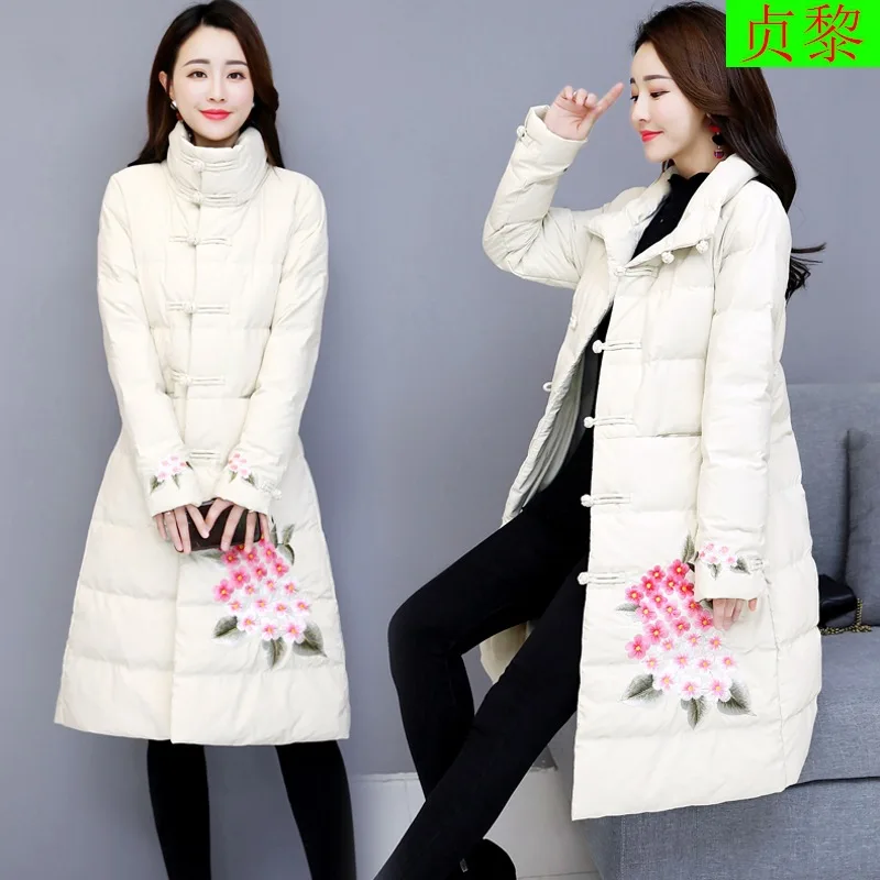 

China Ethnic-Style Cotton-padded Clothes Women's Mid-length 2018 Winter New Style Slim Fit Printed down Jacket Cotton-padded Clo