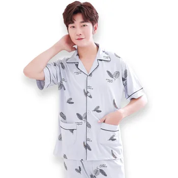 

2020 new pajamas men's short sleeve spring and autumn thin cotton cardigan set
