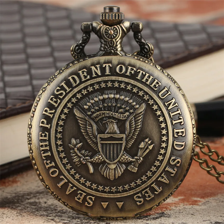 Бронзовый американский президент печать кварцевые карманные часы Белый дом строительство дизайн задняя крышка ожерелье кулон часы сувенир мужской подарок