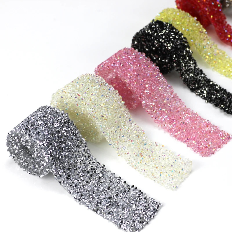 

1yard Colorful Hotfix rhinestone triming Hotfix Strass Crystal Banding Applique for Wedding Dress 1/1.5/2/2.5/3cm Resin Mesh
