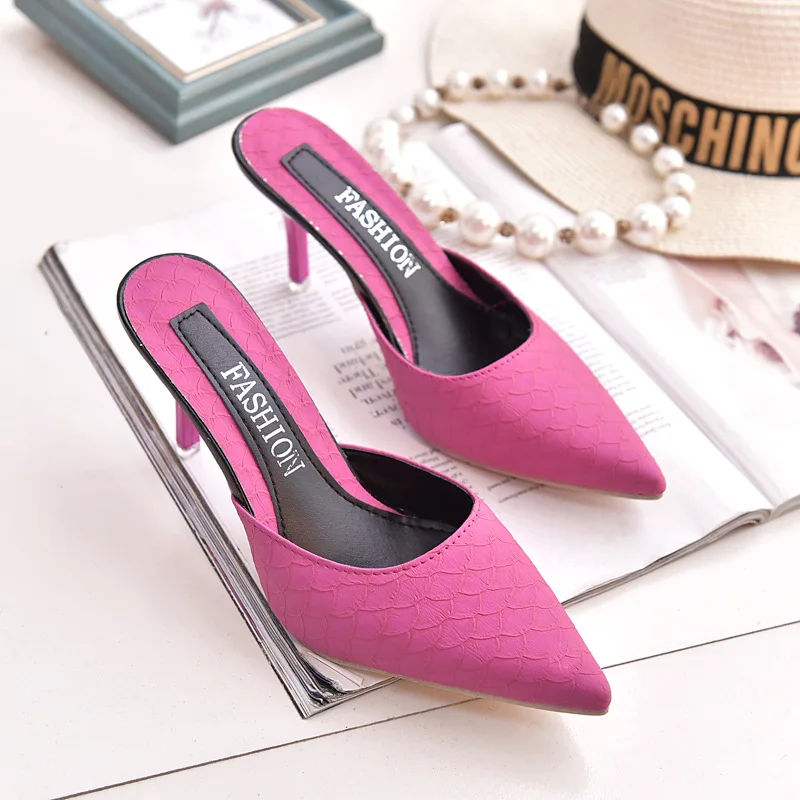 

Women's Casual Babouche Fish Scale Vamp Pointed Toed High Heels Stiletto Half Slippers Loafers Stilettos Slides Mules Shoes 789