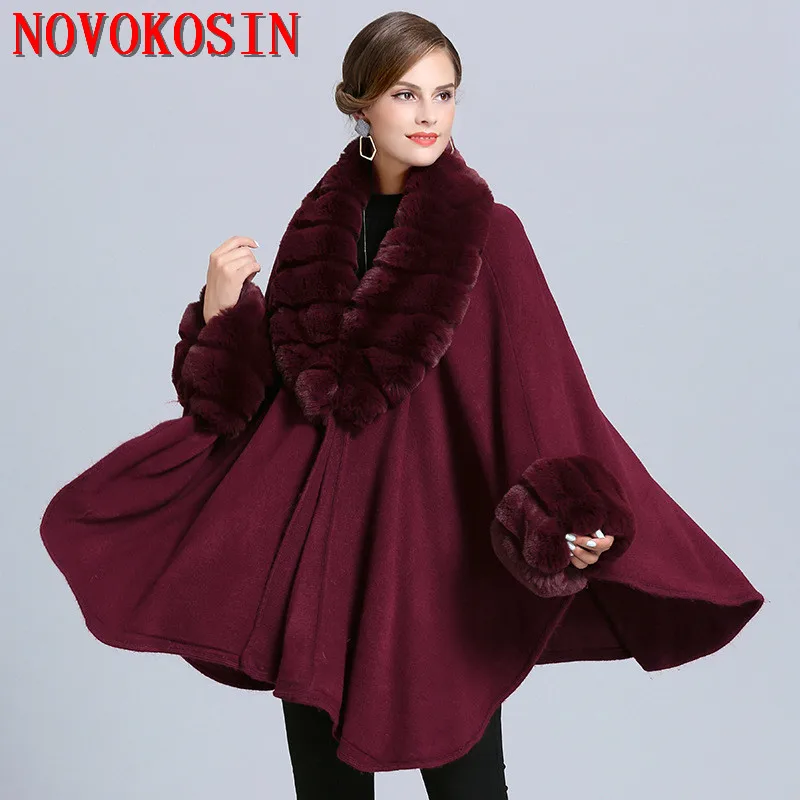 

SC363 2019 Winter Cloak Warm New Women Cardigan Big Imitation Fox Fur Collar Cape Fashion Solid Poncho With Long Fur Sleeves