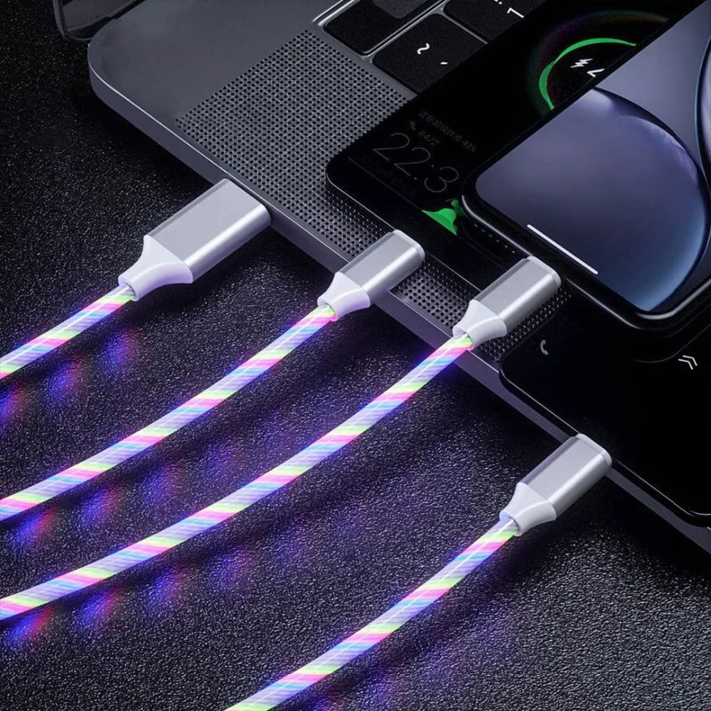 3 в 1 usb type C Micro кабель USB с подсветкой для iPhone samsung зарядный кабель светодиодный светящийся поток 1,2 м Быстрая зарядка type-c usb C кабель