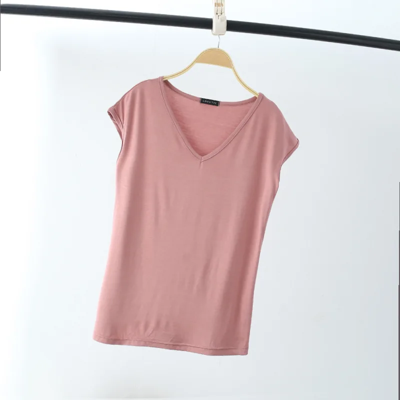 Solid V Neck Basic Tshirt Women summer modal Loose Tee Tops Casual undershirt M to 2XL235_voghion.com