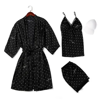 

New Polka Dot Letter Printed Strap Robe Shorts 3 Piece Pajamas with Chest Pad Silk Thin Suit for Home Womens Pajamas Sleepwear