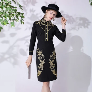 

VERDEJULIAY Vintage Black Dress Women 2020 Autumn Winter Full Sleeve Flower Embroidery Gold Bodycon Slim Knee Office Dress