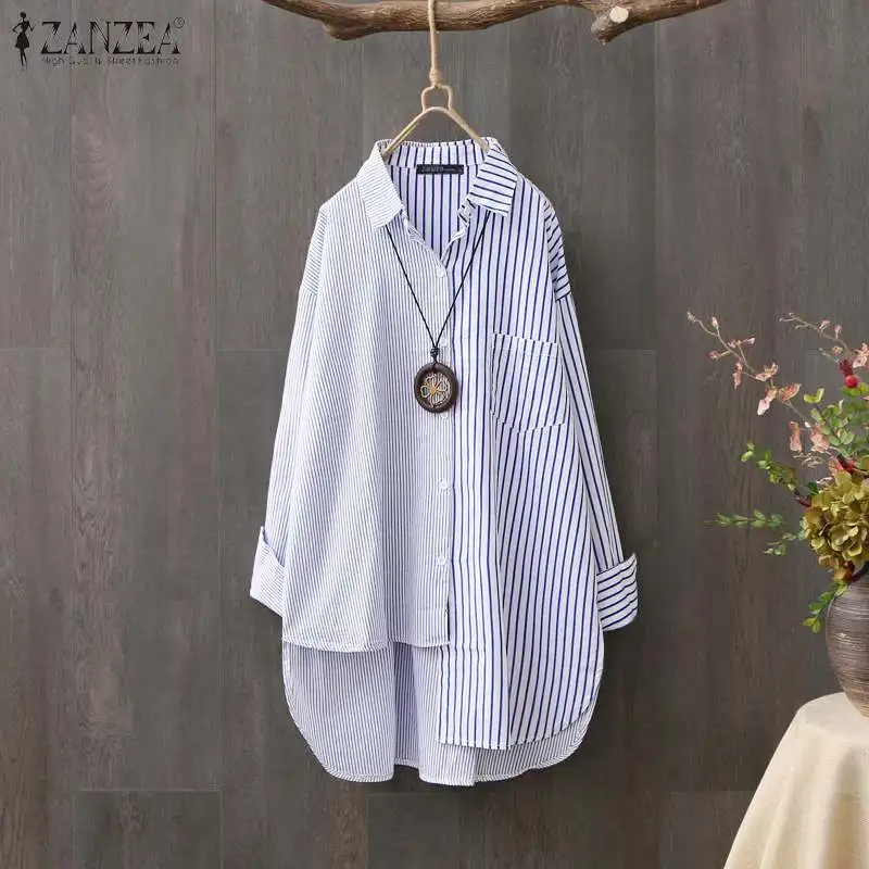 Oversized Women's Asymmetrical Shirts ZANZEA 2020 Elegant Striped Tops Casual Long Sleeve Blusas Female Button Stiching Tunic - 4.00058E+12