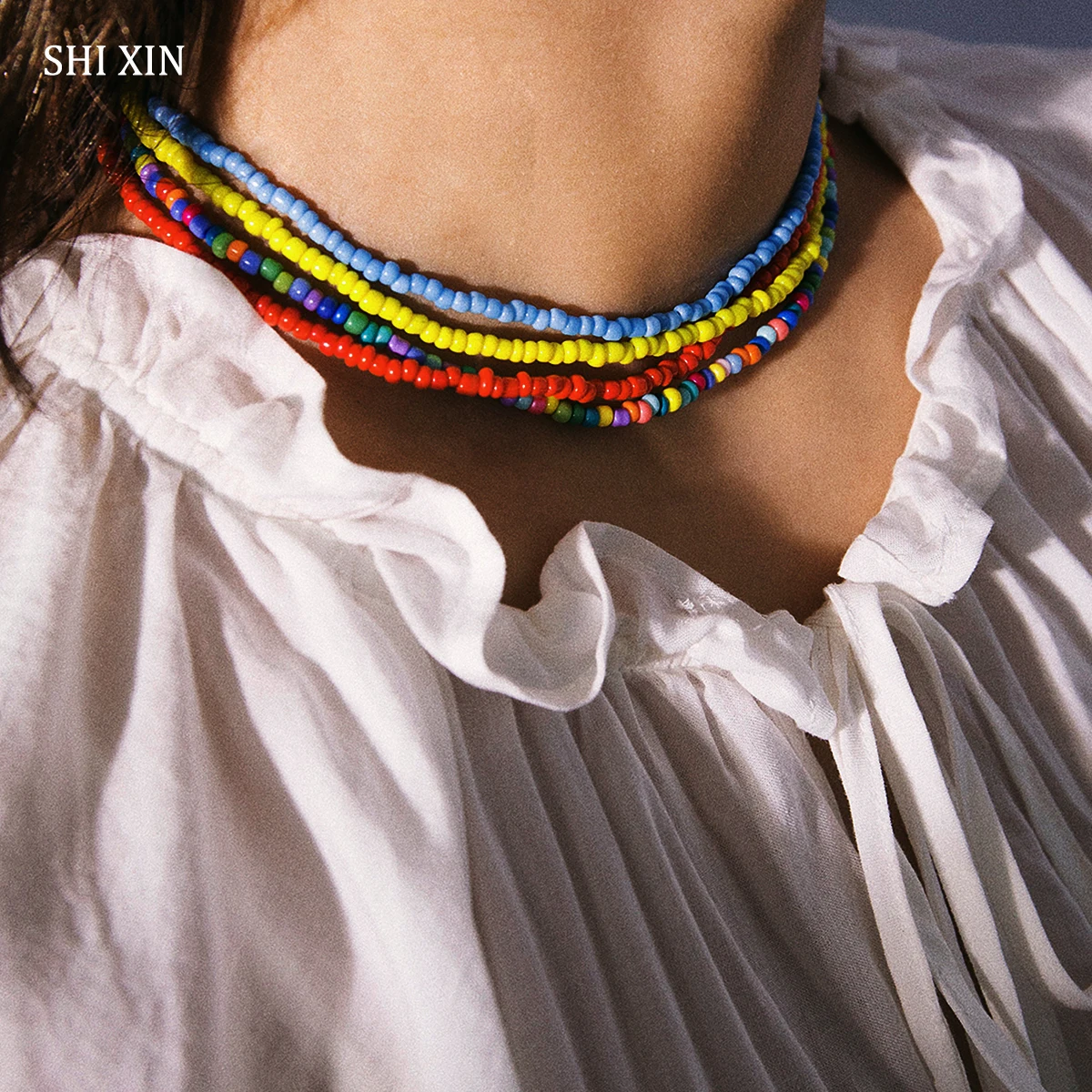 

SHIXIN Small Colorful Beads Choker Necklace for Women/Girls Bohemian Acrylic Beaded Necklace Female Collier Femme 2019 Fashion