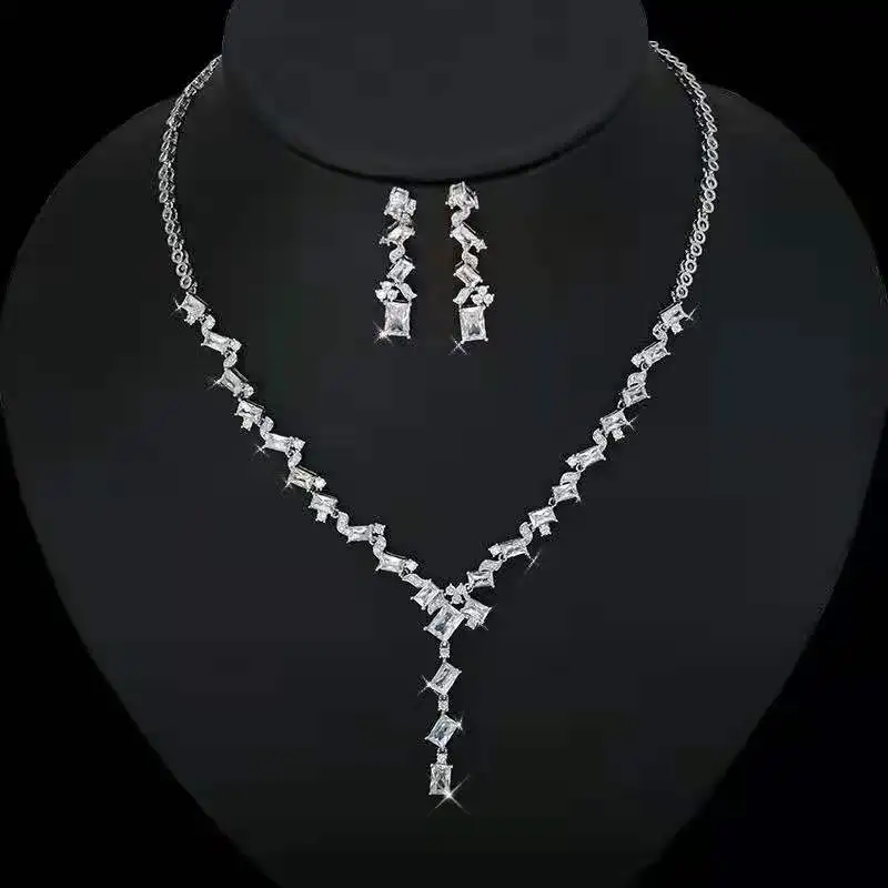 

Funmode Clear Cubic Zircon Rhinestone Necklace Earring Full Bridal Jewelry Set For Women Wedding Colorful CZ Set Wholesale FS217