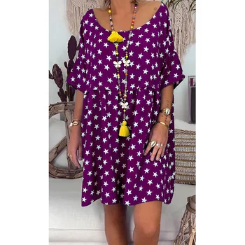 

Droppshiping Plus Size Womens Floral Dress Printed Star Ladies Short Sleeve Casual Mini Dress d88
