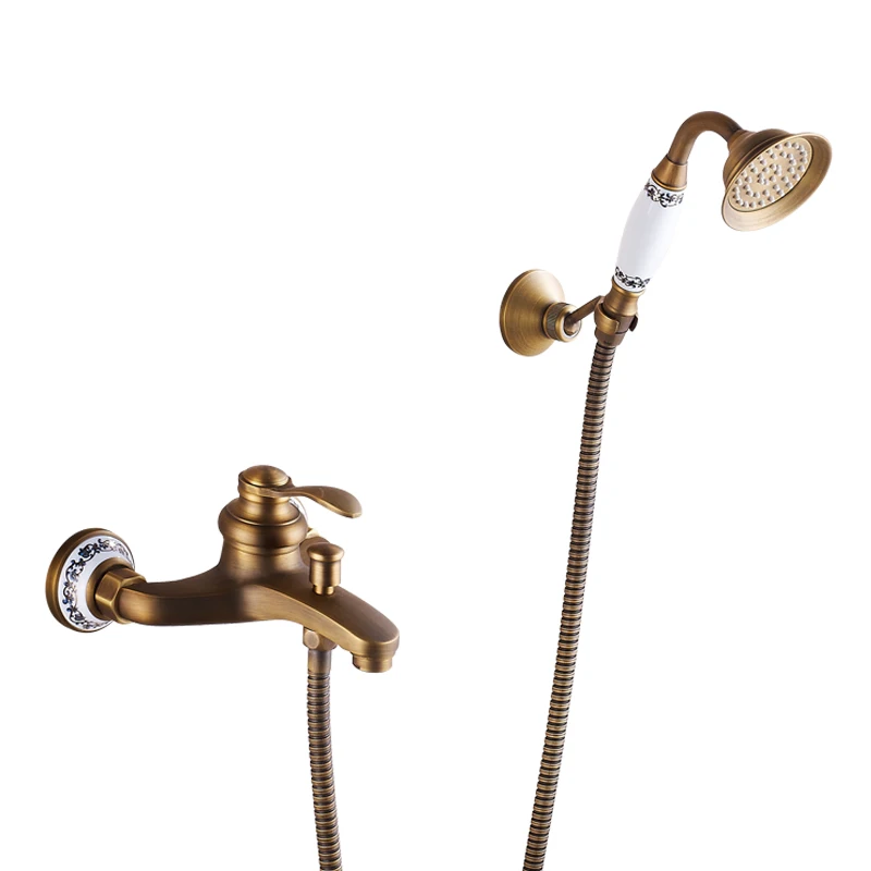 Telephone Style Bathtub Faucet Bathroom Bath Wall Mounted Hand Held Antique Brass Shower Head Kit Shower Faucet Sets 5
