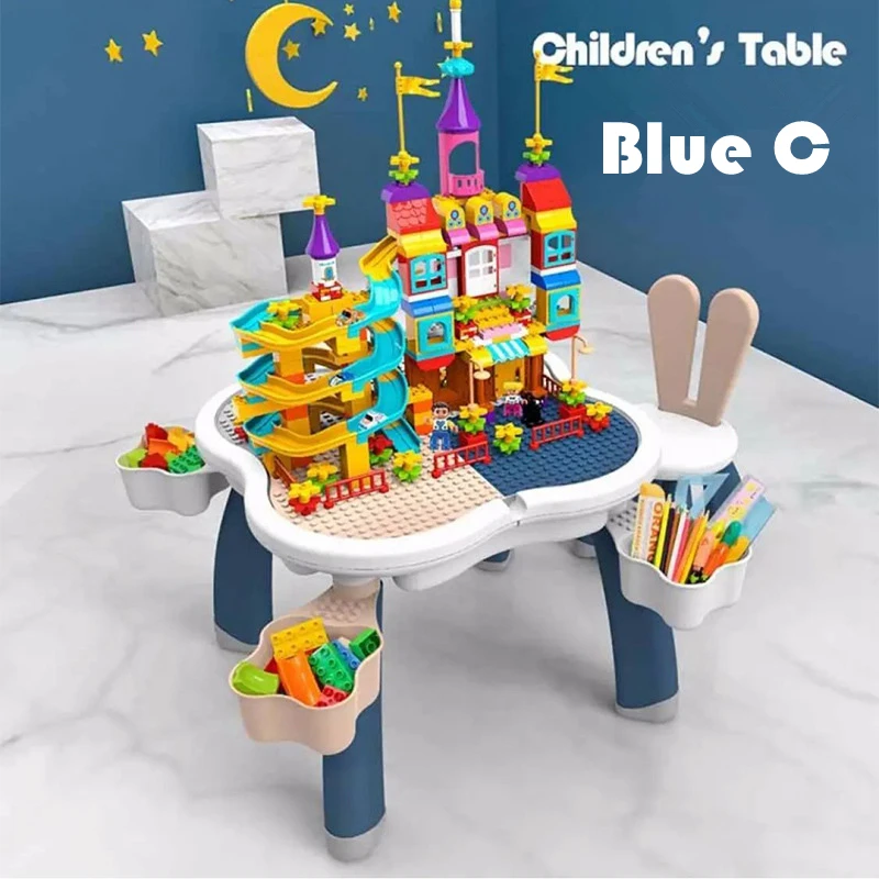 Большой размер многофункциональные детские строительные блоки столы играть в игры мраморные пробежки модель строительные игрушки рабочие столы письменный стол комплект - Цвет: Blue C