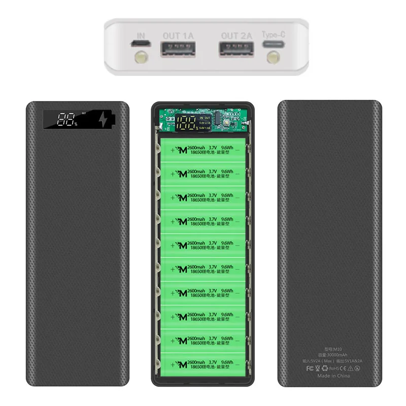 30000mAh Micro Type C Dual USB Ports DIY Powerbank Case 10*18650 Battery Digital Display Power Bank Kit External Charge Box afbeelding