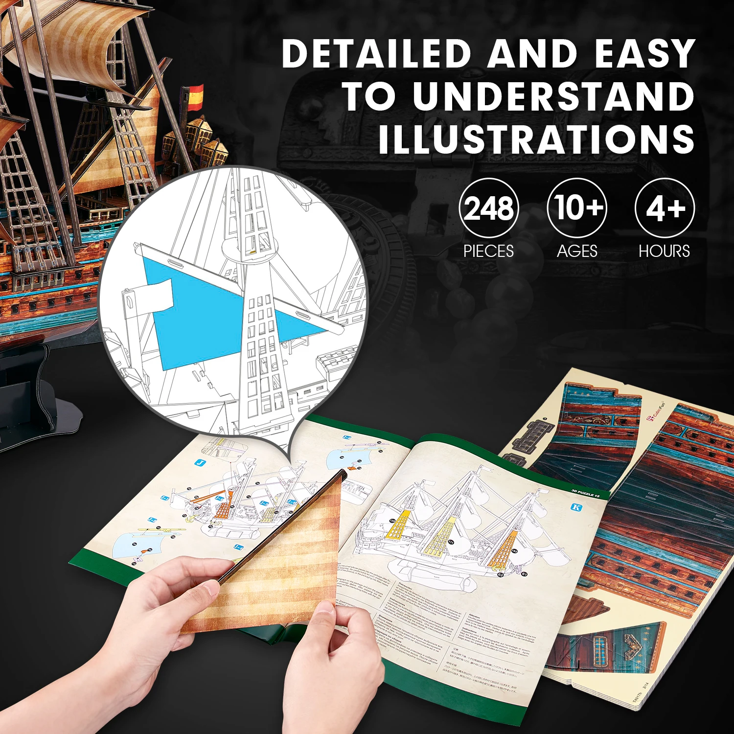 CubicFun 3D Puzzle The San Felipe Ship Model Kits 25.6" Sailboat 248 Pcs Stress Relief Home Decoration Gift for Adults Kids 5