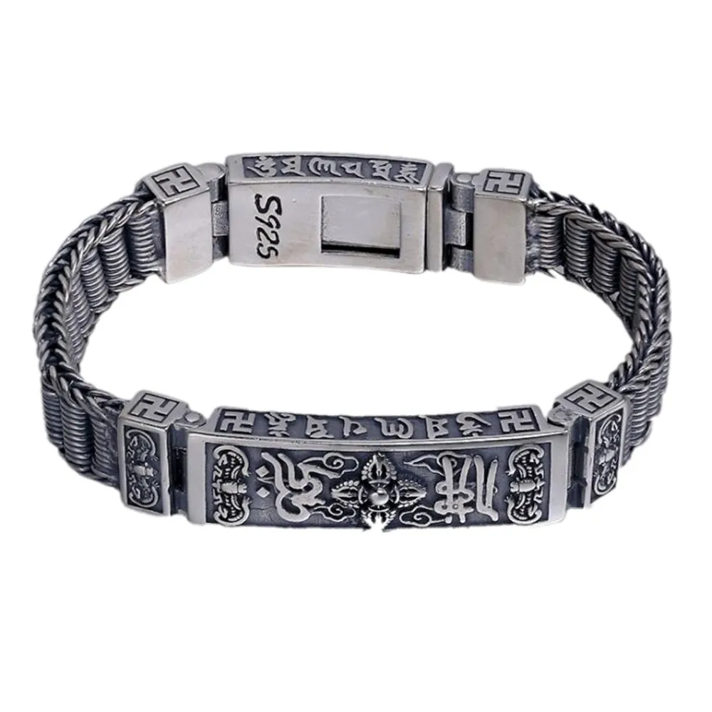New real pure S925 solid silver Buddhism six-character mantra Vajra good luck woven bracelet  Thai silver vintage man bracelet 