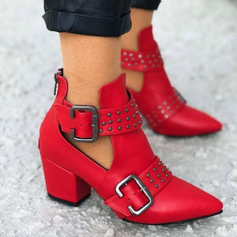 

Women Chelsea Boots Back Zipper Ankle Hollow Out Boots Rivet Pointed Toe High Heels Boots Female Solid Buckle Red Booties D25
