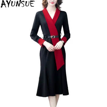 

AYUNSUE 2020 New Spring Dress Women Elegant Office Dress V Neck Long Sleeve Black Dresses Party Midi Bodycon Vestidos KJ4197
