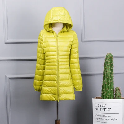 Новая зимняя Ультра Легкая белая куртка на утином пуху Женская тонкая Длинная Парка женская теплая парка зимняя верхняя одежда плюс размер 7XL - Цвет: Цвет: желтый