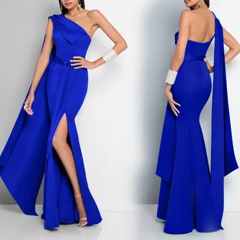 

Women's Solid Color Side Slit Sexy Evening Party One-Shoulder Sleeveless Oblique Collar Long Maxi Evening Dress