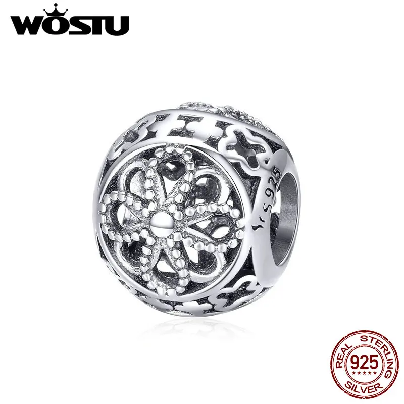 WOSTU Аутентичные 925 пробы серебряные Винтажные Цветы ажурные бусины амулеты
