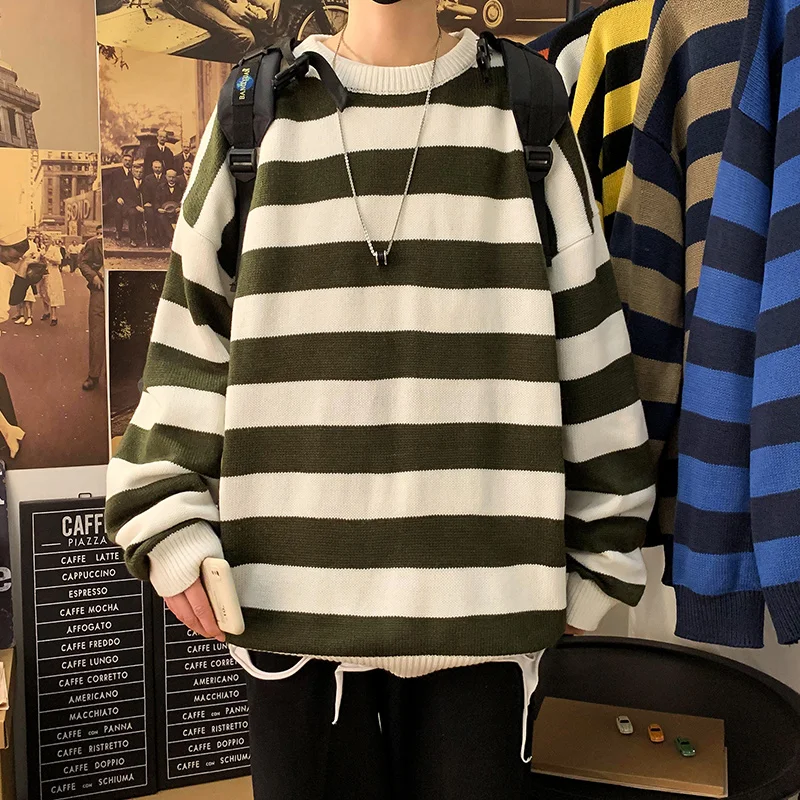 

2021 Fashion Korean Striped Mens Sweaters Casual Vintage Winter Sweater Hip Hop Knitted Pullover Big Sizes Sweater Jacket Tops