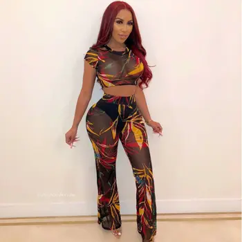 

Streetwear Printed Women Mesh Sets 2PCS Short Sleeve Crop Top + Long Pants Boho Beach Clothing