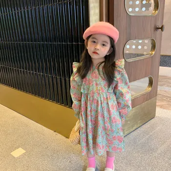 

2020 Autumn pink yellow floral pattern baby girls clothes sweet girls dress girls cotton long sleeve dress